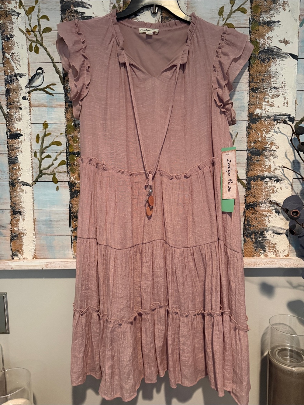 Indigo Rose Tiered Boho Ruffle Sleeve Midi Dress
